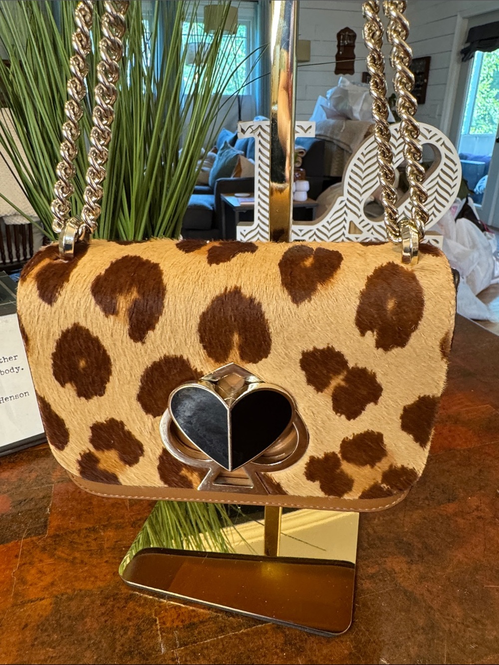 💕kate spade Leopard Haircalf Crossbody with Gold Chain